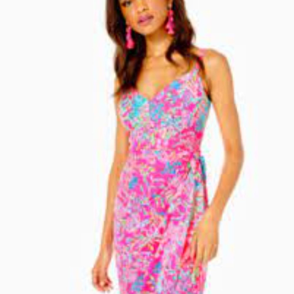 Scarlet Stretch Wrap Dress in "Pink Isle Shell Me Something Good" Size 10.